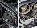 Dettaglio di un motore: a sinistra, una catena di distribuzione metallica; a destra, una cinghia dentata. È ora che la catena di distribuzione si cambia.