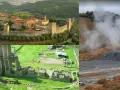 Paesaggi toscani: borgo medievale fortificato, rovine antiche e soffioni boraciferi che emettono vapore.