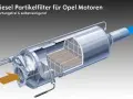 Filtro antiparticolato per motori Opel. La spia FAP accesa indica un problema. Il filtro è mostrato in sezione, con il flusso dei gas di scarico.