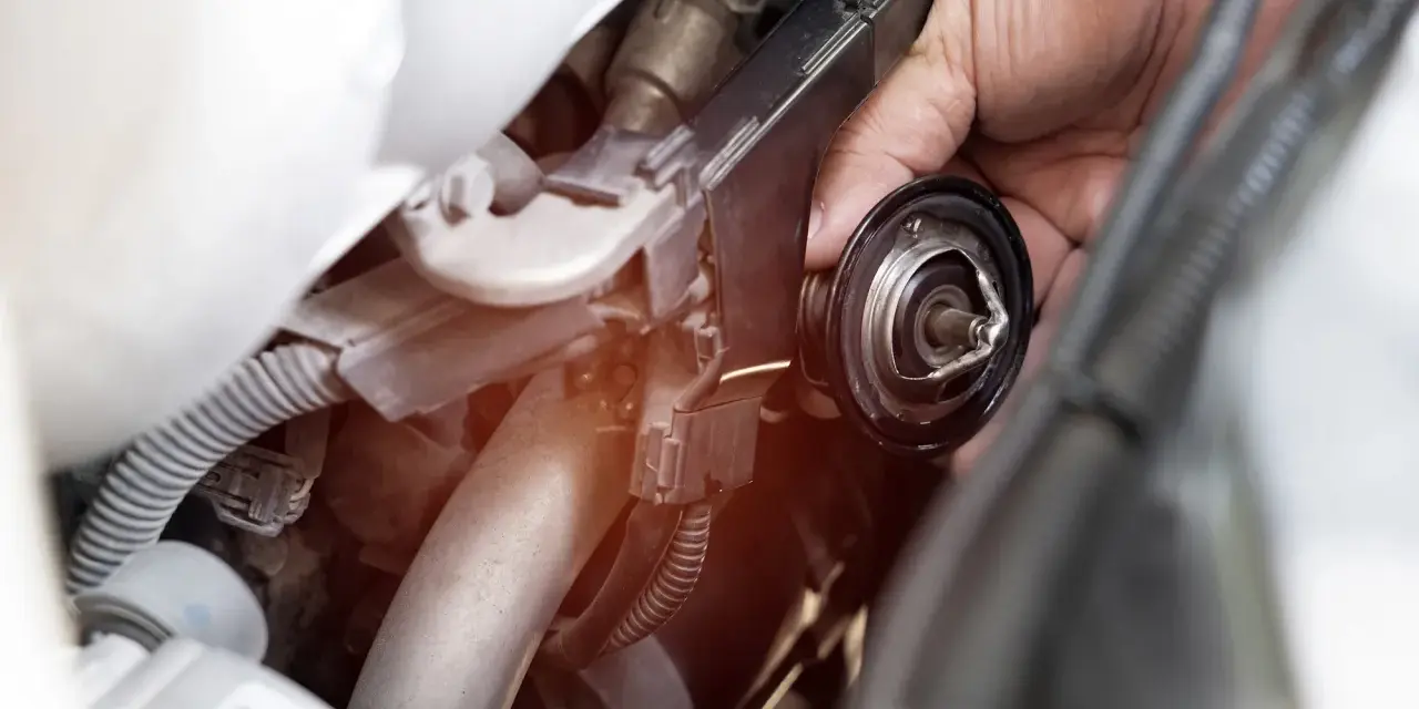 Mano che rimuove il termostato dell'auto. Un bulbo radiatore rotto può causare surriscaldamento.