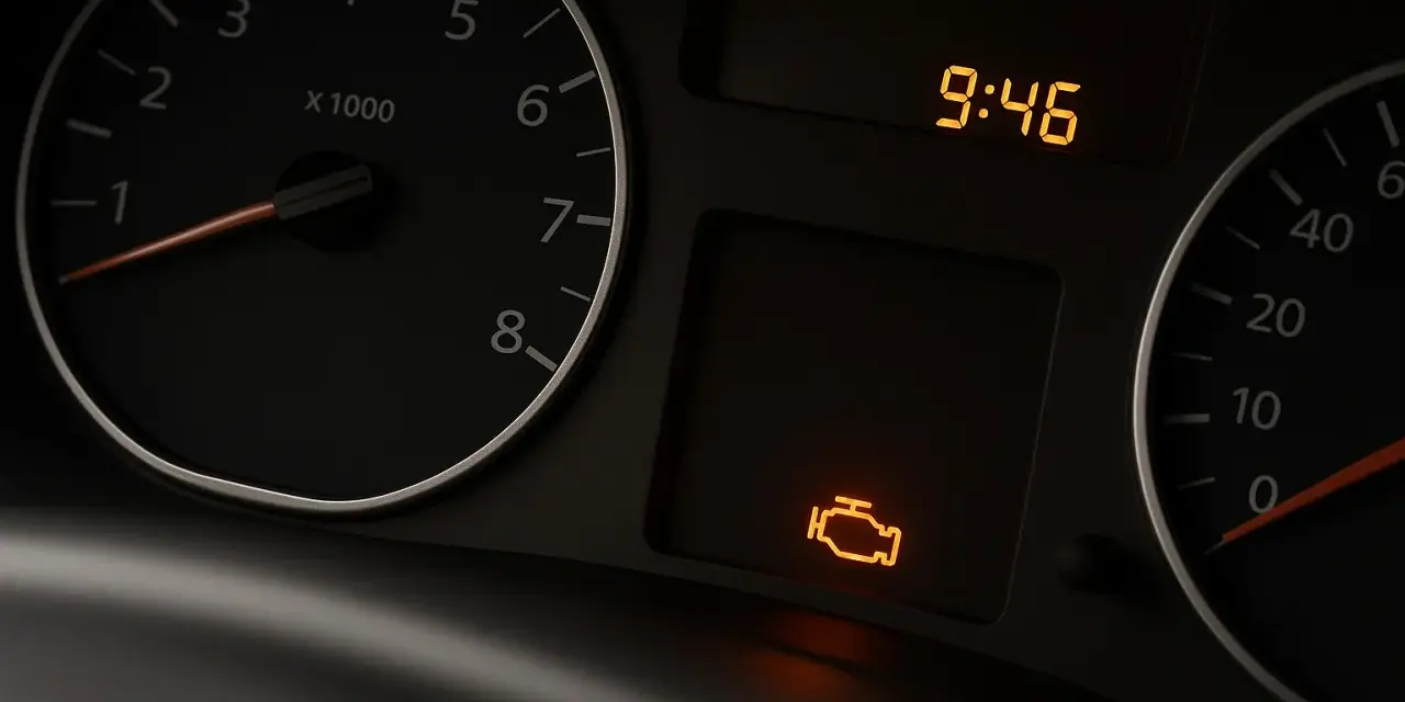 Spia gas di scarico accesa: cosa fare? Il cruscotto mostra l'icona del motore e l'ora 9:46.