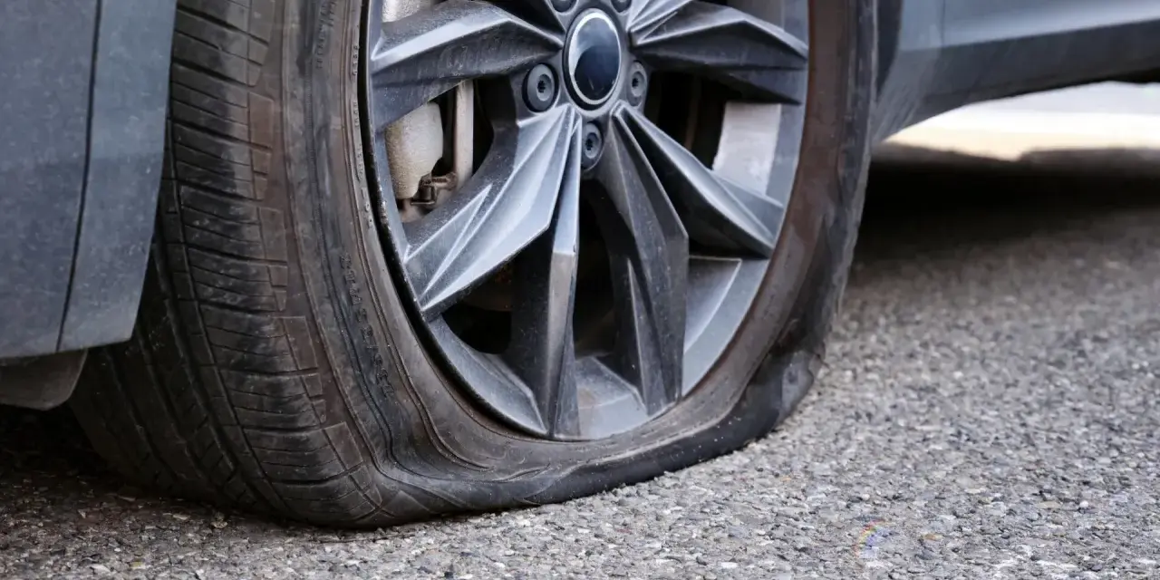 Ruota dell'auto con pneumatico sgonfio, mostra un'ernia evidente. Un problema comune che richiede attenzione immediata.
