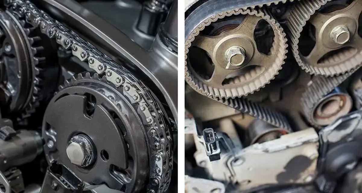 Dettaglio di un motore: a sinistra, una catena di distribuzione metallica; a destra, una cinghia dentata. È ora che la catena di distribuzione si cambia.