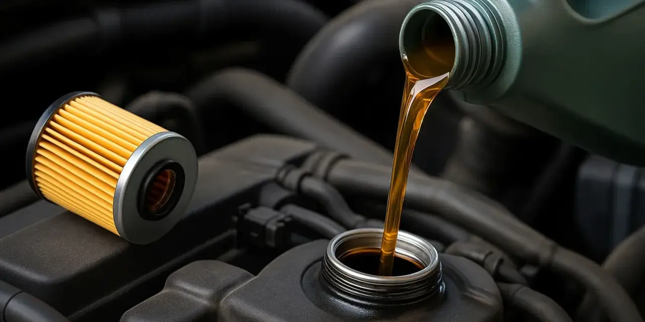 Un nuovo filtro e olio motore versato da una tanica, pronti per il cambio olio.