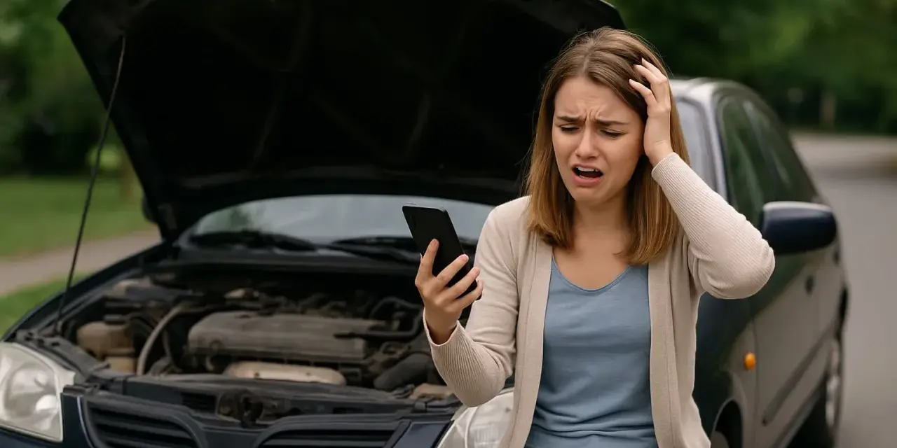 Ragazza disperata guarda il telefono, cofano aperto, la macchina non parte cause sconosciute.
