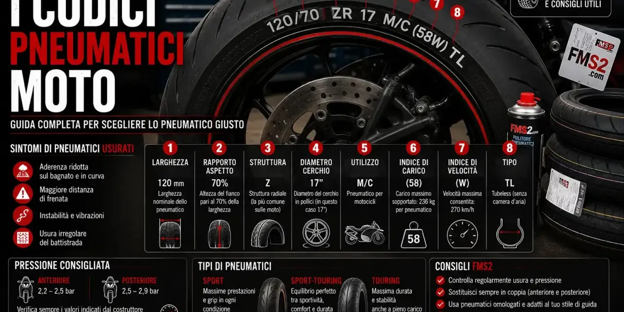 Guida per leggere i codici velocità gomme moto: larghezza, rapporto, struttura, diametro cerchio, indice di carico e velocità.