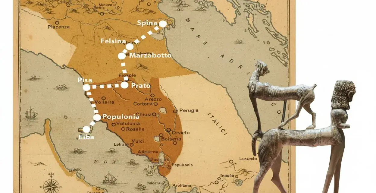 Mappa dei siti etruschi in Toscana, con un percorso tratteggiato che collega città come Spina, Felsina, Marzabotto, Pisa, Populonia e l'Elba.