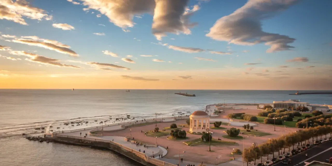 Vista dall'alto della Terrazza Mascagni al tramonto, con il mare calmo, nuvole dorate e la caratteristica pavimentazione.