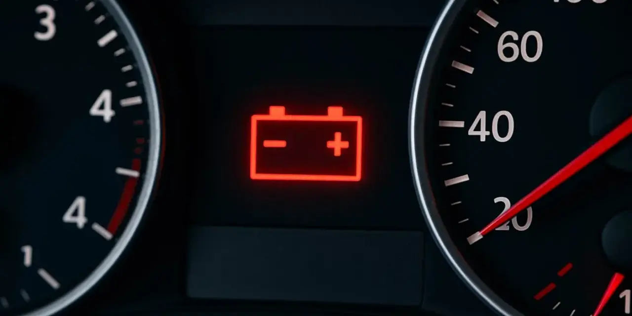 Cruscotto auto con spia della batteria accesa in rosso. Indica un problema di ricarica o un guasto.