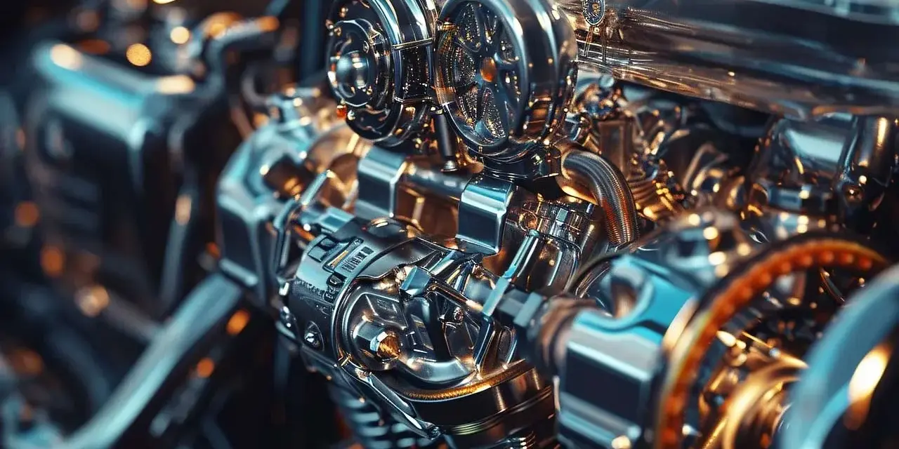 Dettaglio di un motore con turbocompressore. Se la puleggia albero motore è rotta, i sintomi possono includere rumori strani e perdita di potenza.