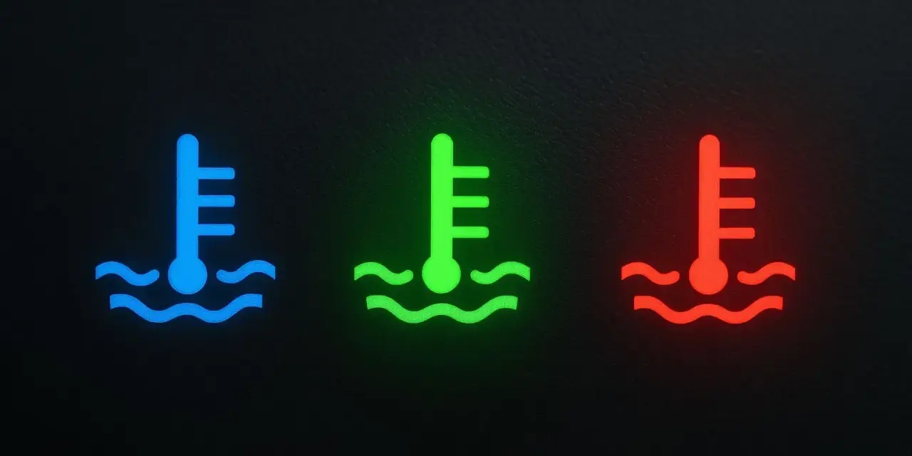 Tre icone di termometro indicano la temperatura motore: blu per freddo, verde per normale, rosso per surriscaldamento.