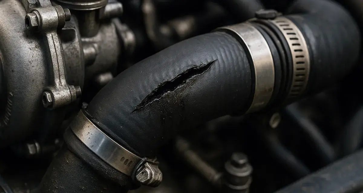 Manicotto radiatore rotto, un sintomo di problemi al motore. La crepa è visibile, con liquido che fuoriesce.
