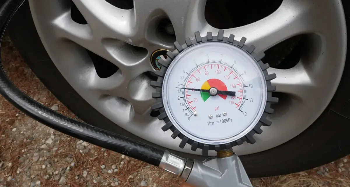 Misura la pressione delle gomme dell'auto: il manometro indica circa 2.5 bar, il valore ideale per gonfiare le gomme.