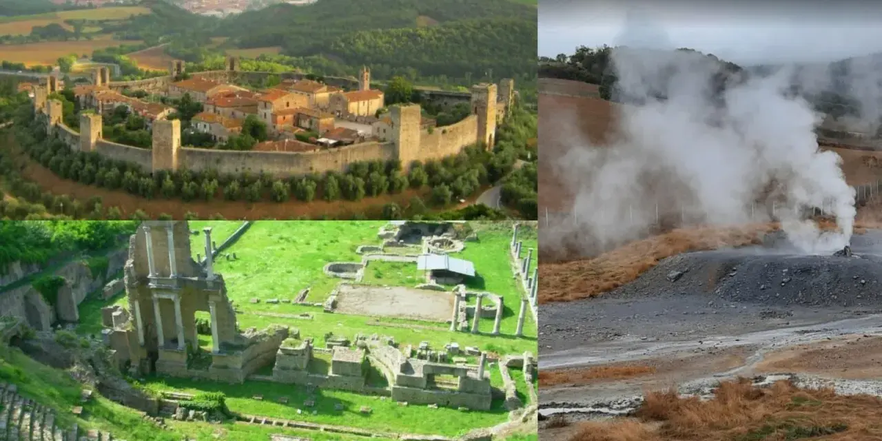 Paesaggi toscani: borgo medievale fortificato, rovine antiche e soffioni boraciferi che emettono vapore.