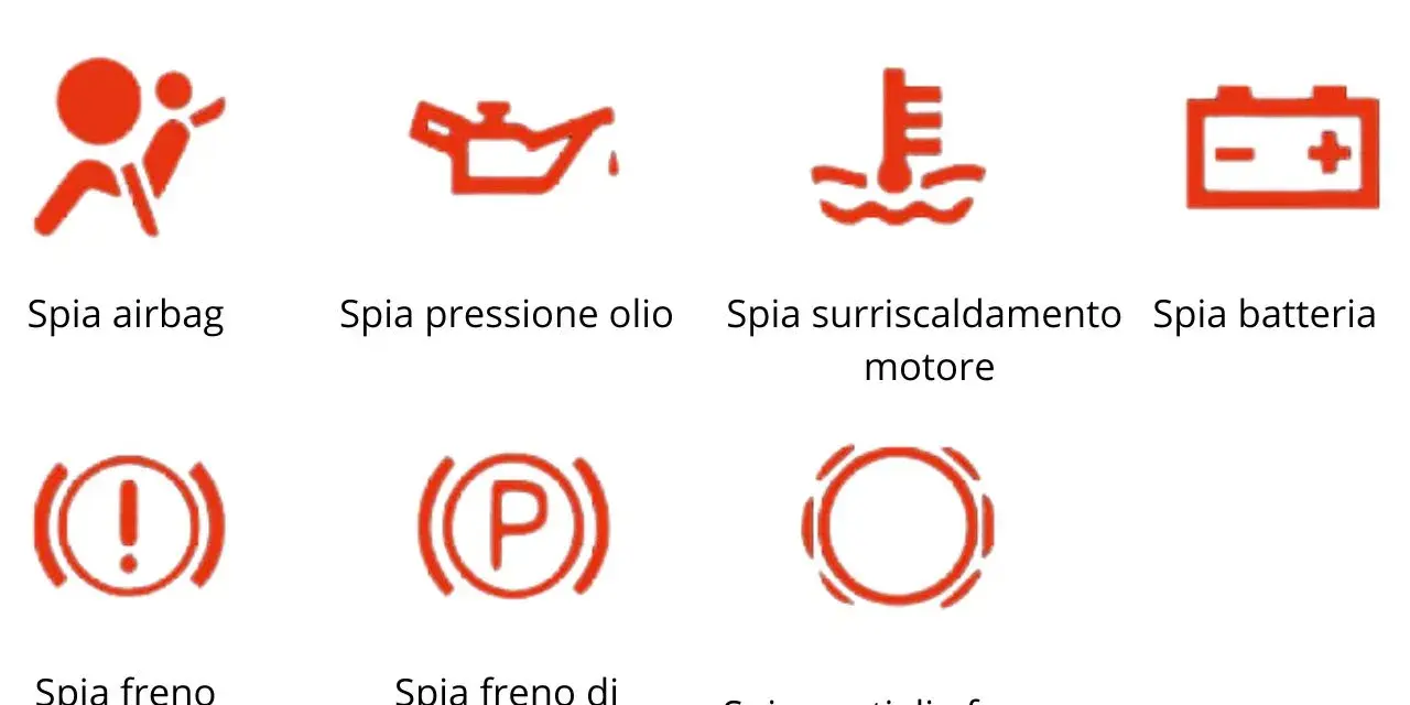 Spie rosse urgenti: airbag, pressione olio, surriscaldamento motore, batteria, freno, freno di stazionamento, pastiglie freno. La spia delle luci fendinebbia è di colore rosso.