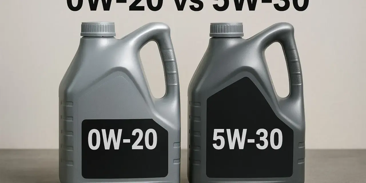 Due taniche di olio motore, 0W-20 e 5W-30, a confronto per la corretta gradazione.