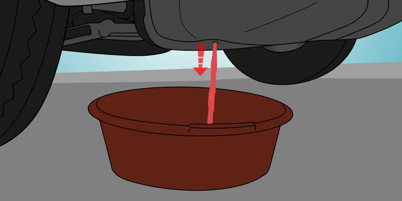 Liquido rosso scende da un'auto in un contenitore. Si sta svuotando il serbatoio auto con tubo.