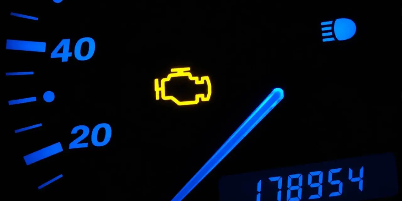 Cruscotto auto con spia motore accesa. La spia gialla a forma di motore indica un problema. Oltre, indicatori di velocità e chilometraggio.