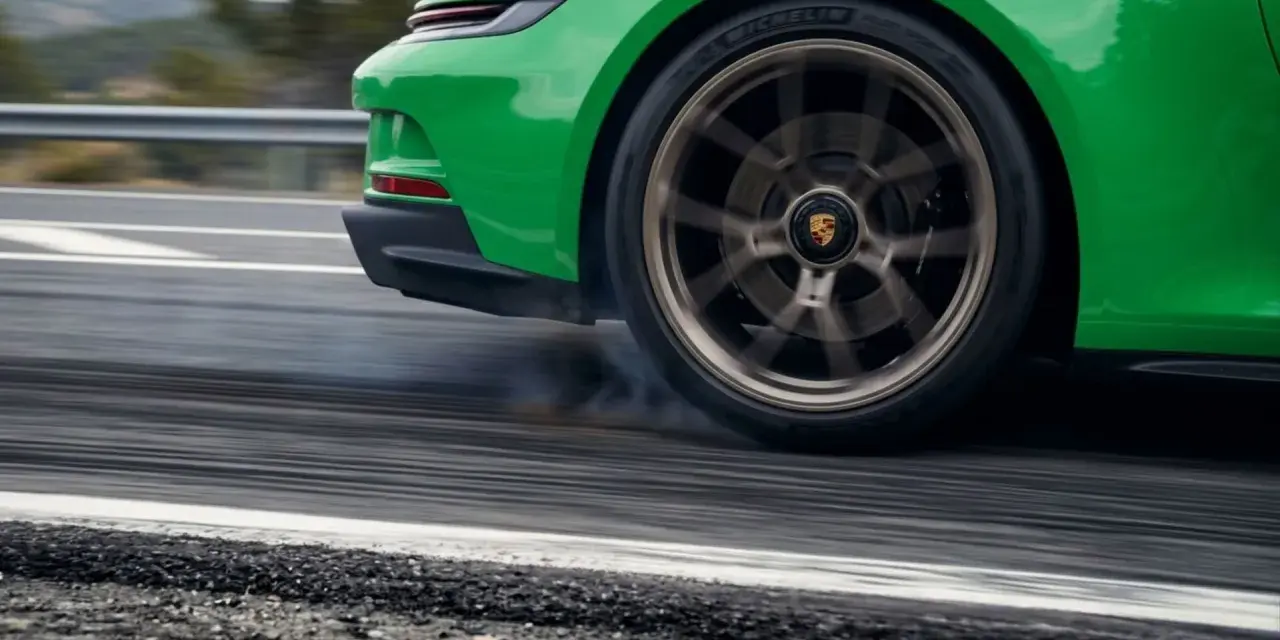 La ruota di un'auto sportiva verde lascia strisce sull'asfalto, producendo un rumore rotolamento pneumatici a bassa velocità.