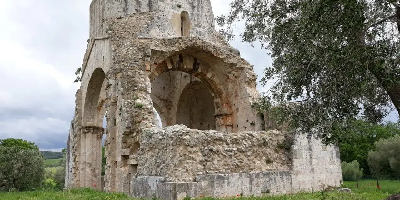 Rovine suggestive a Magliano in Toscana, cosa vedere: un'antica abbazia in pietra con archi crollati e vegetazione rigogliosa.
