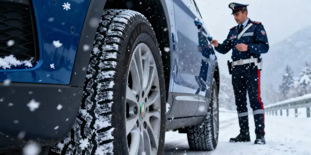 Agente controlla pneumatici invernali su auto blu in nevicata, rispettando art. 79 cds.