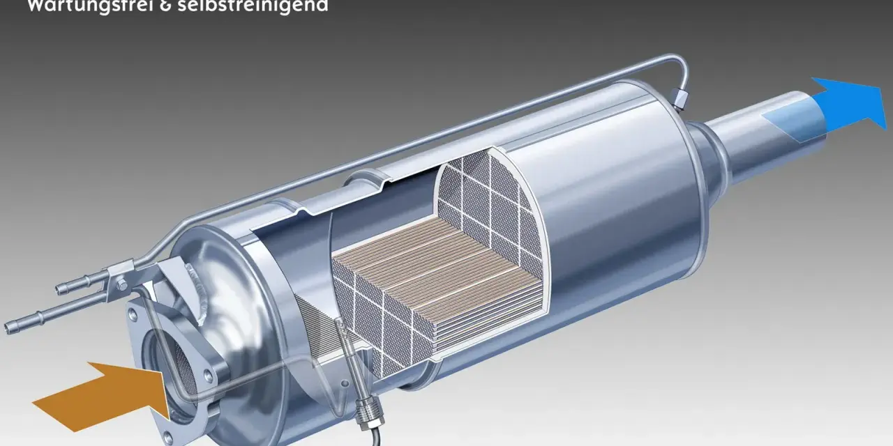 Filtro antiparticolato per motori Opel. La spia FAP accesa indica un problema. Il filtro è mostrato in sezione, con il flusso dei gas di scarico.