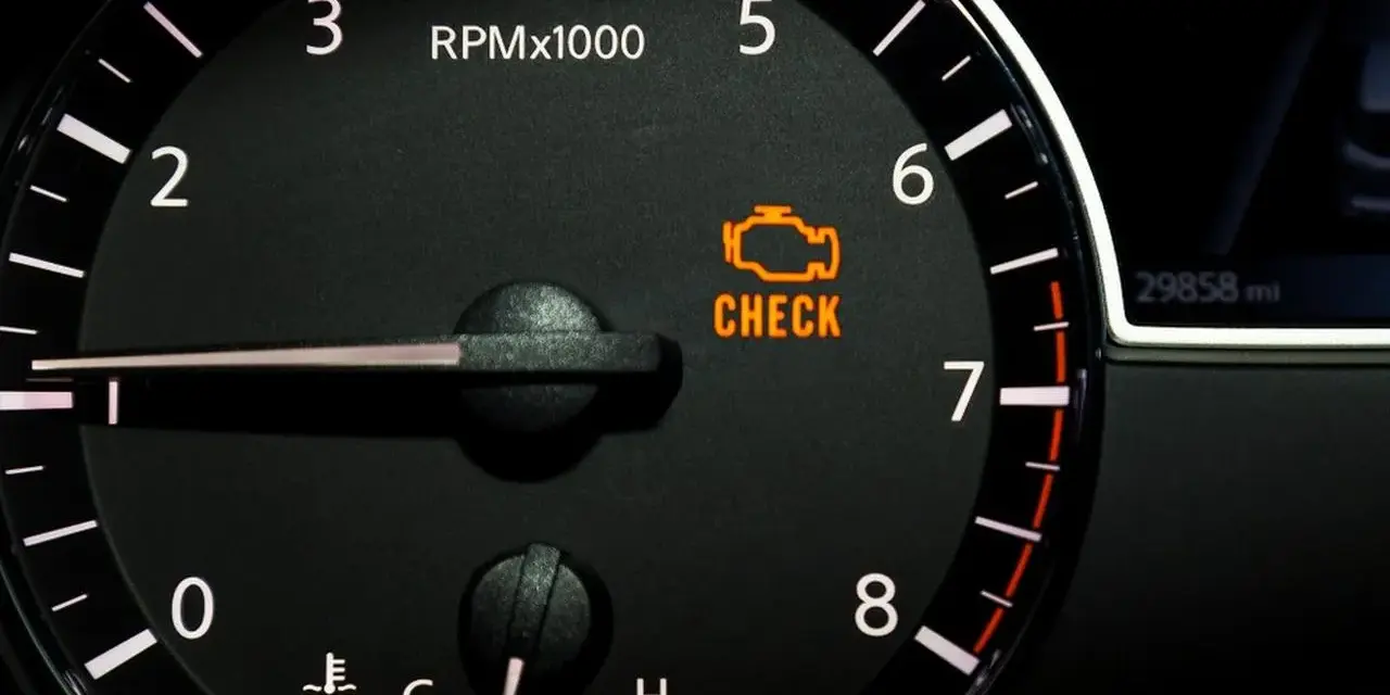 Spia motore accesa ma la macchina va bene. Il cruscotto mostra il contagiri e la spia "CHECK ENGINE" illuminata, nonostante l'auto funzioni regolarmente.