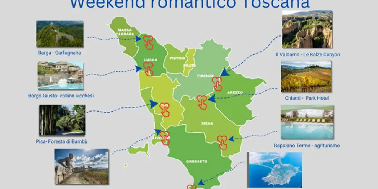 Mappa della Toscana con itinerari per una settimana in Toscana: castelli, borghi, canyon, vigneti, terme e mare.