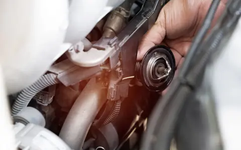 Mano che rimuove il termostato dell'auto. Un bulbo radiatore rotto può causare surriscaldamento.
