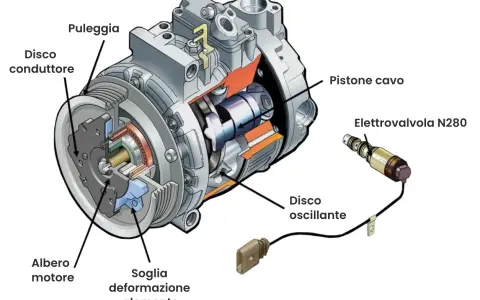 Sezione di un compressore aria condizionata auto, con dettagli su come sbloccare il compressore aria condizionata auto tramite la sua elettovalvola.