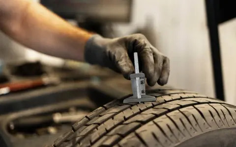 Misurazione dello spessore ruote auto con calibro per verificarne l'usura.