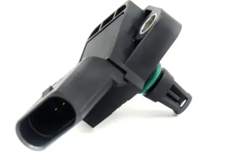 Sensore pressione turbo guasto, componente nero in plastica con connettore e anello verde.