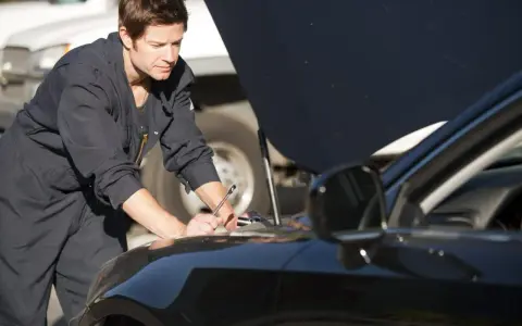 Meccanico in tuta blu lavora sul motore di un'auto nera. La revisione auto si può fare in tutta Italia, ovunque ci sia un professionista.