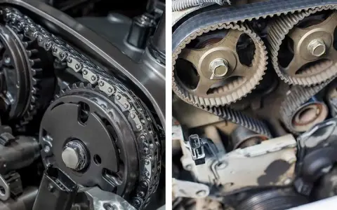 Dettaglio di un motore: a sinistra, una catena di distribuzione metallica; a destra, una cinghia dentata. È ora che la catena di distribuzione si cambia.
