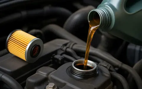 Un nuovo filtro e olio motore versato da una tanica, pronti per il cambio olio.