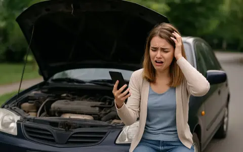 Ragazza disperata guarda il telefono, cofano aperto, la macchina non parte cause sconosciute.