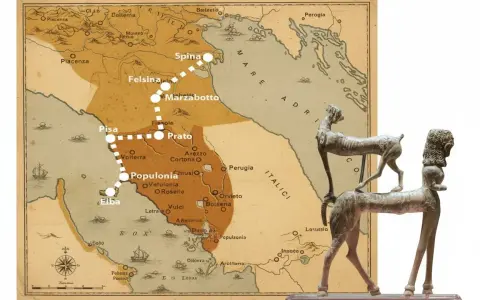Mappa dei siti etruschi in Toscana, con un percorso tratteggiato che collega città come Spina, Felsina, Marzabotto, Pisa, Populonia e l'Elba.