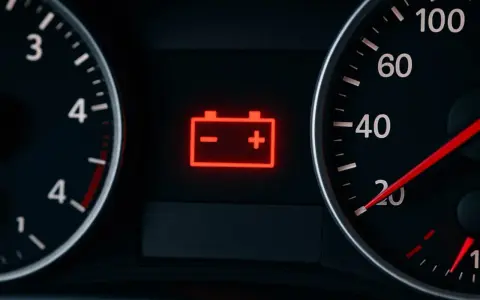 Cruscotto auto con spia della batteria accesa in rosso. Indica un problema di ricarica o un guasto.