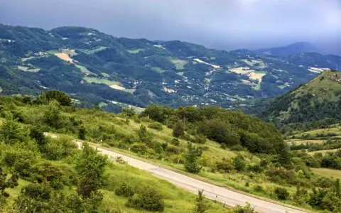 Strada panoramica che sale verso il passo della Futa, tra colline verdi e boschi rigogliosi.