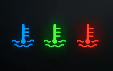 Tre icone di termometro indicano la temperatura motore: blu per freddo, verde per normale, rosso per surriscaldamento.