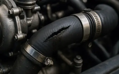 Manicotto radiatore rotto, un sintomo di problemi al motore. La crepa è visibile, con liquido che fuoriesce.