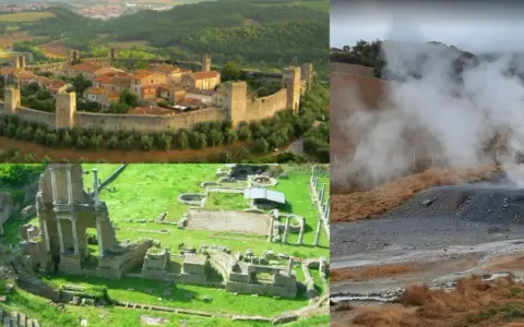 Paesaggi toscani: borgo medievale fortificato, rovine antiche e soffioni boraciferi che emettono vapore.