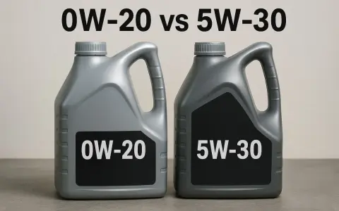 Due taniche di olio motore, 0W-20 e 5W-30, a confronto per la corretta gradazione.