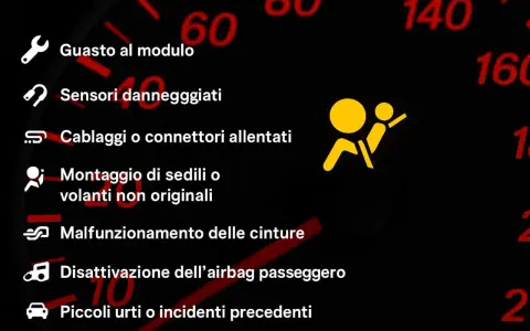 Spia gialla che indica la disattivazione dell'airbag passeggero, forse a causa di un sensore o di un montaggio non originale.
