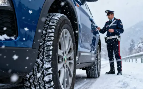 Agente controlla pneumatici invernali su auto blu in nevicata, rispettando art. 79 cds.