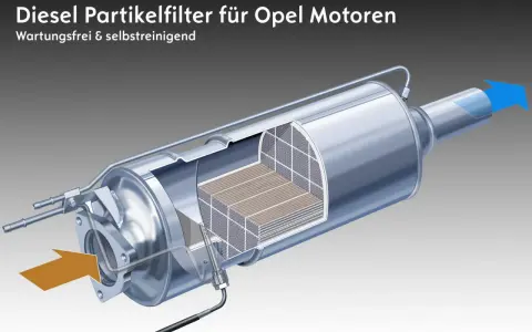 Filtro antiparticolato per motori Opel. La spia FAP accesa indica un problema. Il filtro è mostrato in sezione, con il flusso dei gas di scarico.