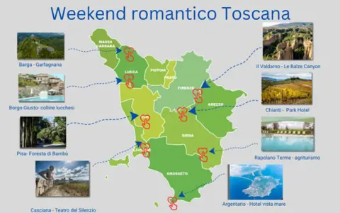 Mappa della Toscana con itinerari per una settimana in Toscana: castelli, borghi, canyon, vigneti, terme e mare.