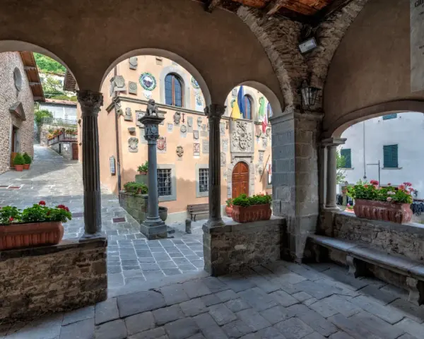 Un vicolo tra i borghi della montagna pistoiese, con archi in pietra, colonne e vasi di fiori rossi.