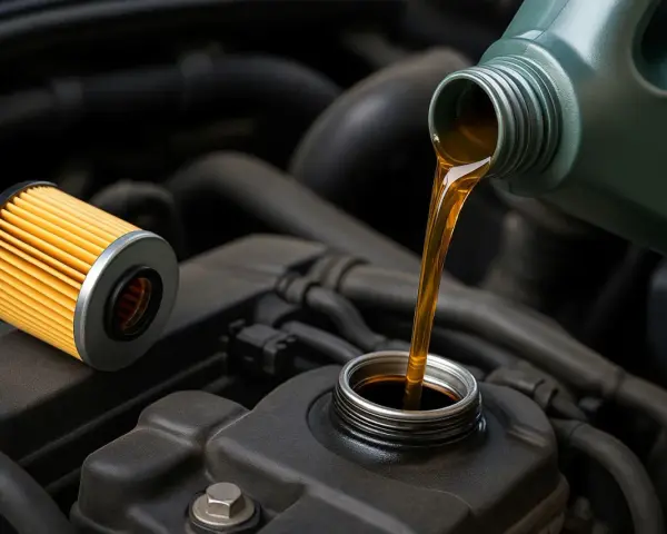 Un nuovo filtro e olio motore versato da una tanica, pronti per il cambio olio.
