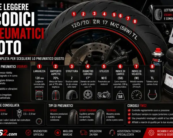 Guida per leggere i codici velocità gomme moto: larghezza, rapporto, struttura, diametro cerchio, indice di carico e velocità.